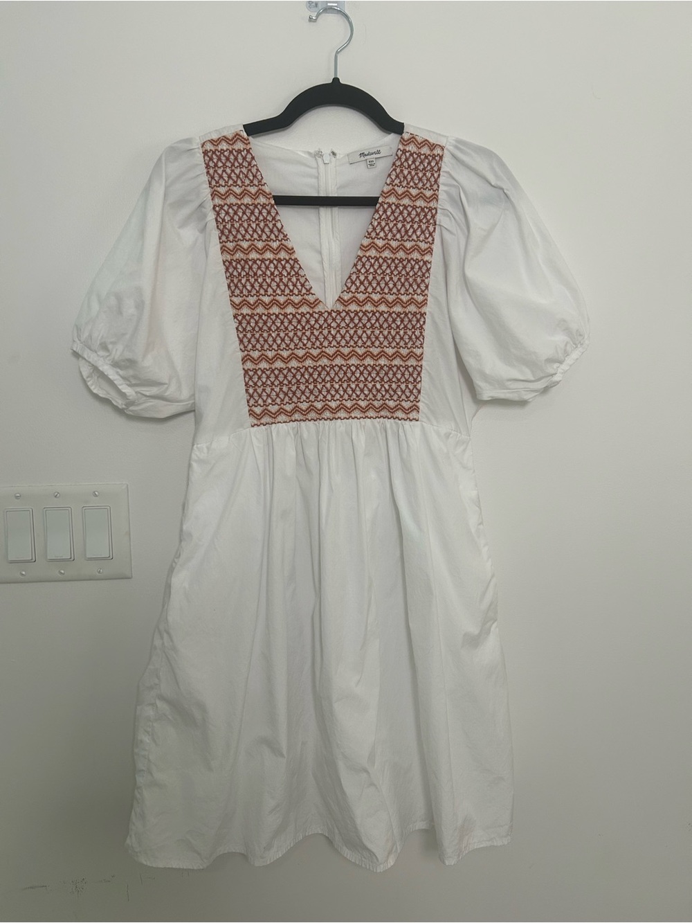 Madewell XXS White Embroidered Puff Sleeve Cotton Dress Boho Cottagecore